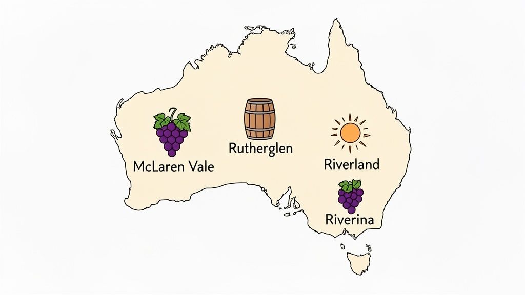 Map of Australia highlighting four key wine regions: McLaren Vale, Rutherglen, Riverland, and Riverina, with their associated icons.