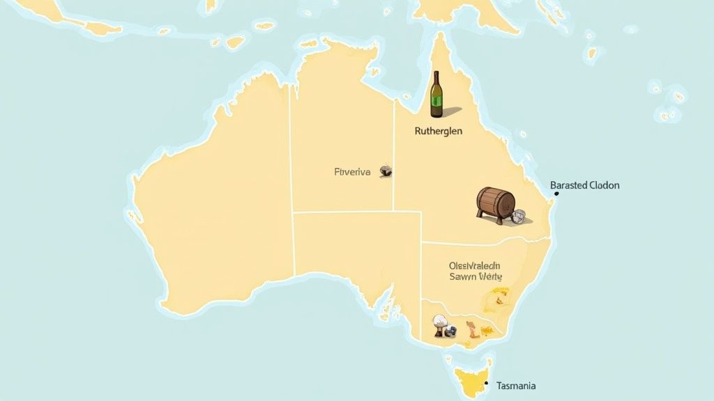 Map of Australia detailing wine regions like Rutherglen, Barasted Cladon, and Tasmania with wine icons.