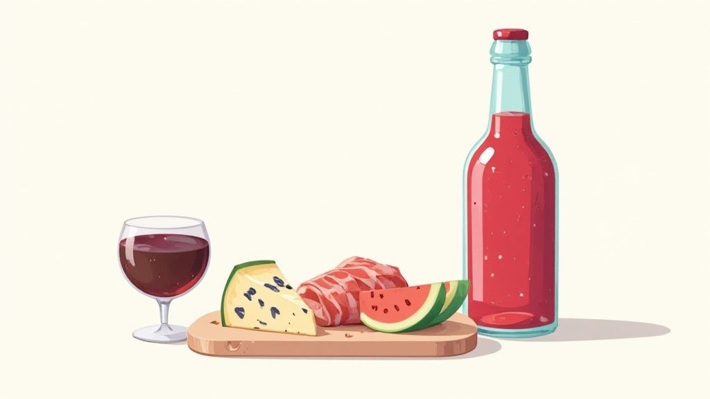 A charcuterie board with cheese, salami, and fruits next to a glass of red wine.