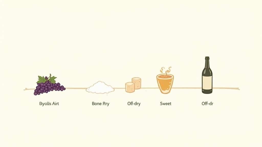 A diagram illustrating the spectrum of wine sweetness, showing grapes, sugar, corks, a drink, and a wine bottle.