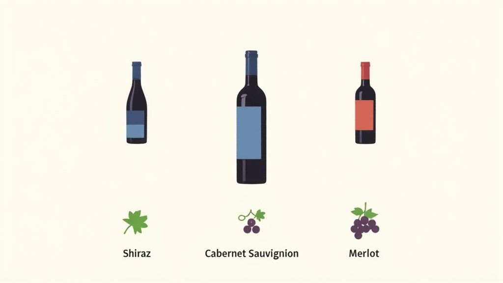 Illustration of three red wine bottles, each labeled with a grape variety: Shiraz, Cabernet Sauvignon, and Merlot.