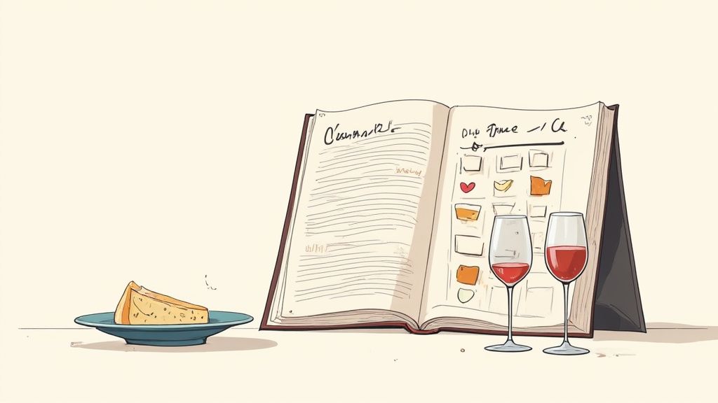 A close-up of a person's hand holding a glass of red wine, with a tasting journal and cheese platter blurred in the background.