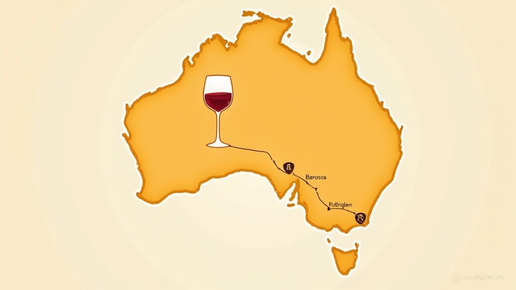 Glass of rich, sweet red Australian wine in a cellar setting
