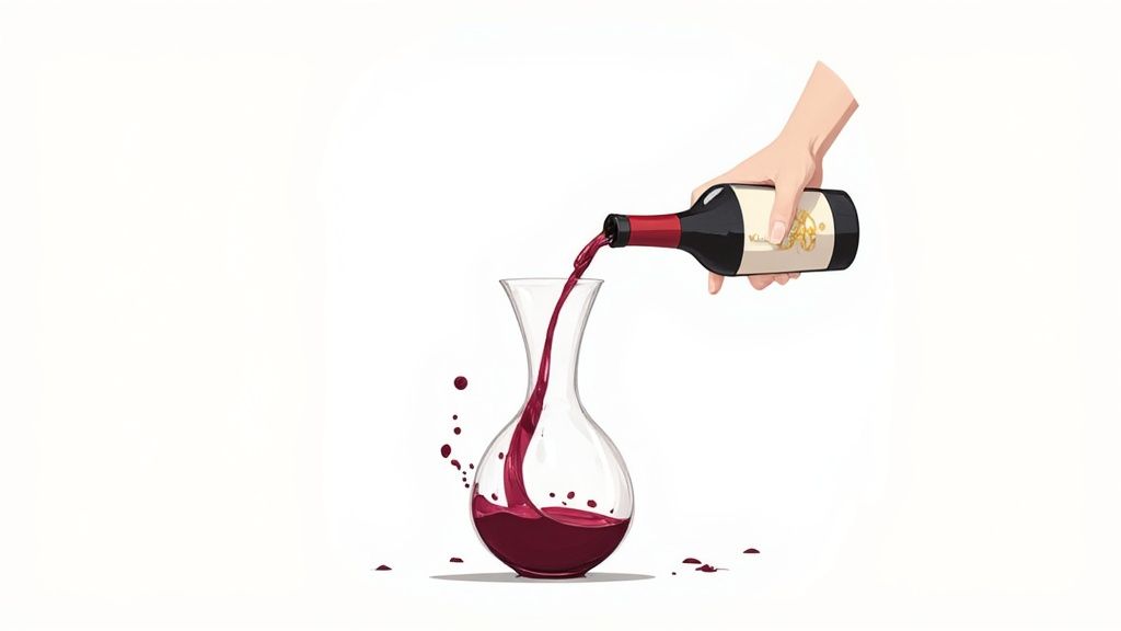 A hand pours red wine from a bottle into a glass decanter, with wine splashes.