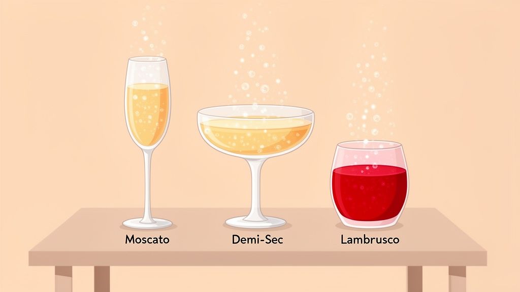An illustration featuring three different sparkling sweet wines: Moscato, Demi-Sec, and Lambrusco.