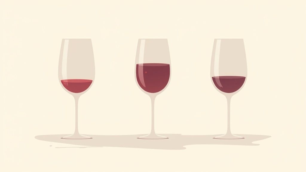 Three elegant wine glasses filled with red wine on serving tray illustration