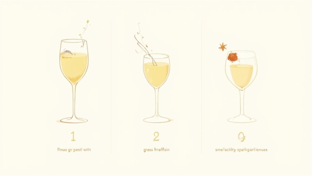 Three wine glasses showing different sauvignon blanc serving styles with garnishes and glassware variations