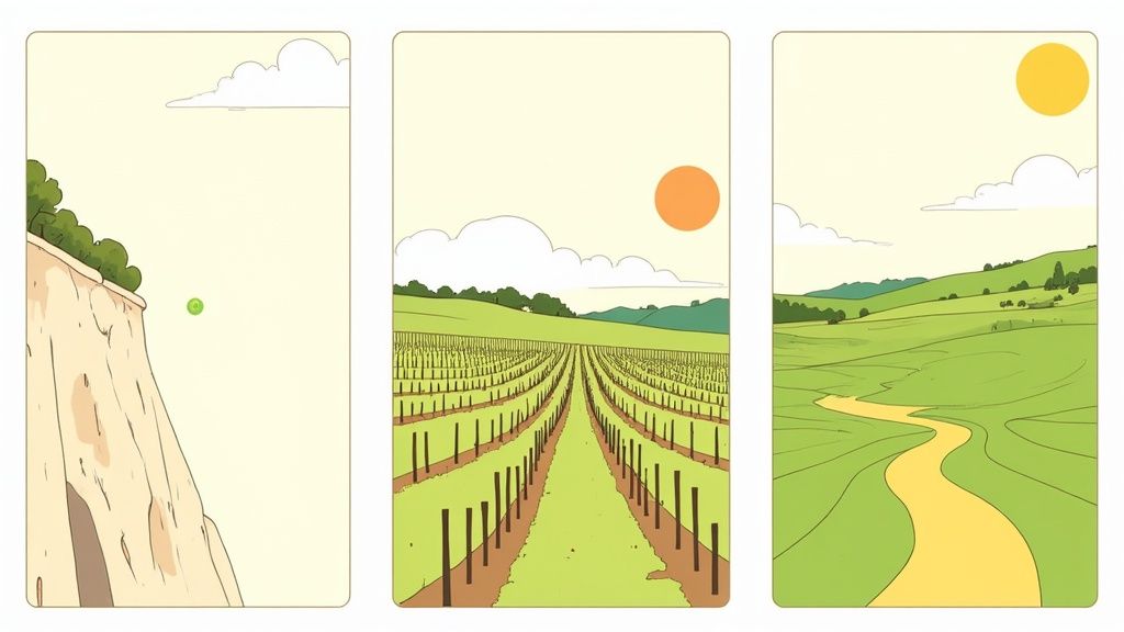 Three illustrations depict a cliff, a vineyard with rows of grapes, and a winding path through green rolling hills.
