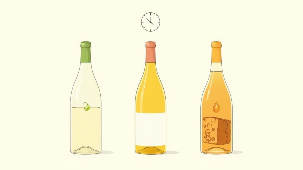 A dusty bottle of aged Riesling lying on its side in a wine cellar.