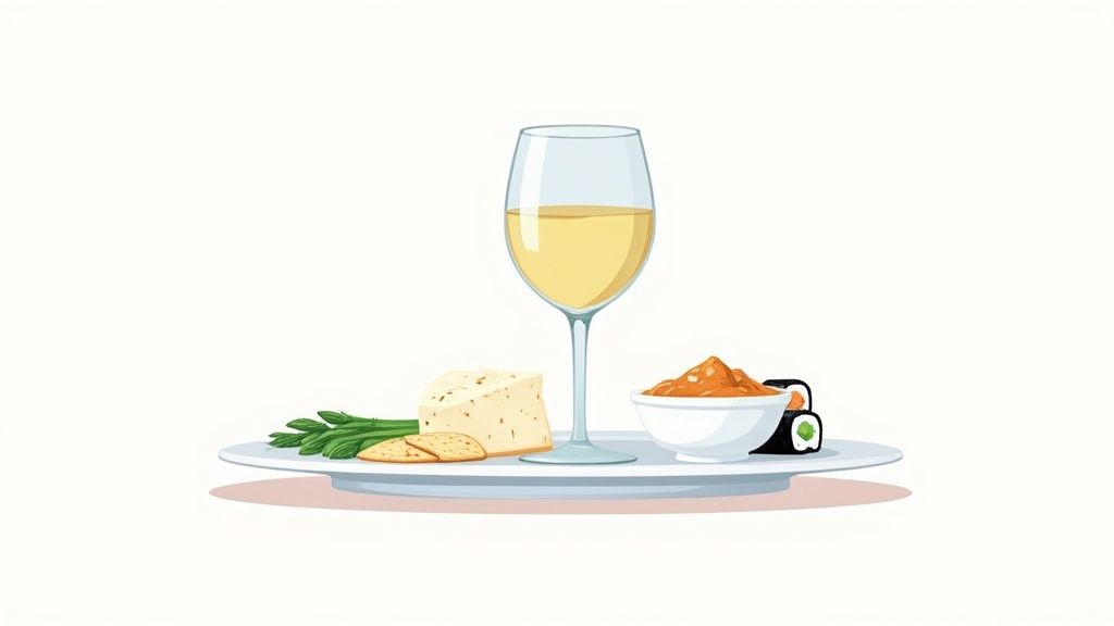 White wine glass with cheese platter, crackers, herbs and appetizers on serving tray