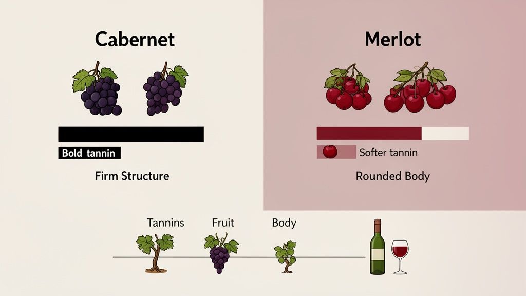 Infographic comparing Cabernet and Merlot wines, highlighting bold vs. softer tannins and body.