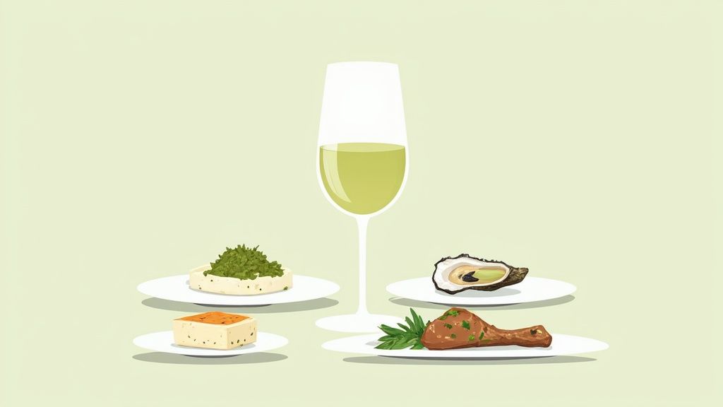 A glass of white wine in the center, surrounded by plates of cheese, an oyster, and chicken.