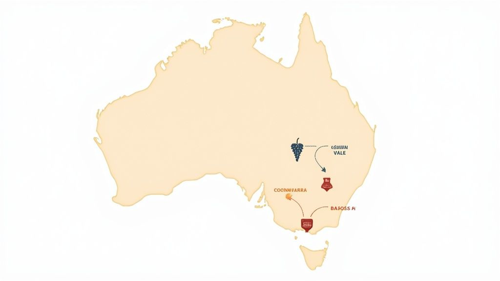 Rows of lush green grapevines in a South Australian vineyard under a clear blue sky, representing the premium wine region.