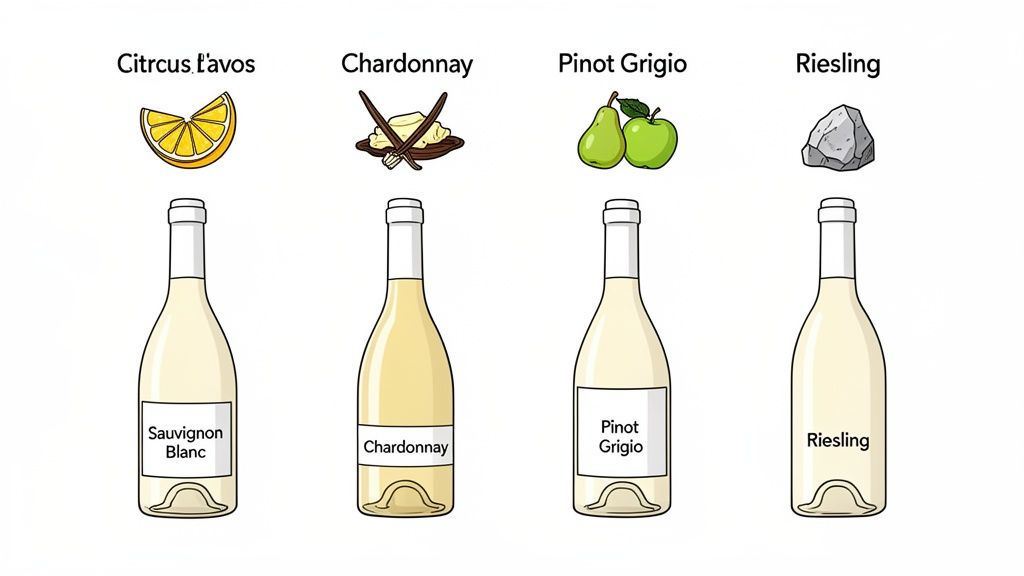 Four white wine bottles: Sauvignon Blanc with citrus, Chardonnay with butter, Pinot Grigio with fruit, Riesling with mineral.
