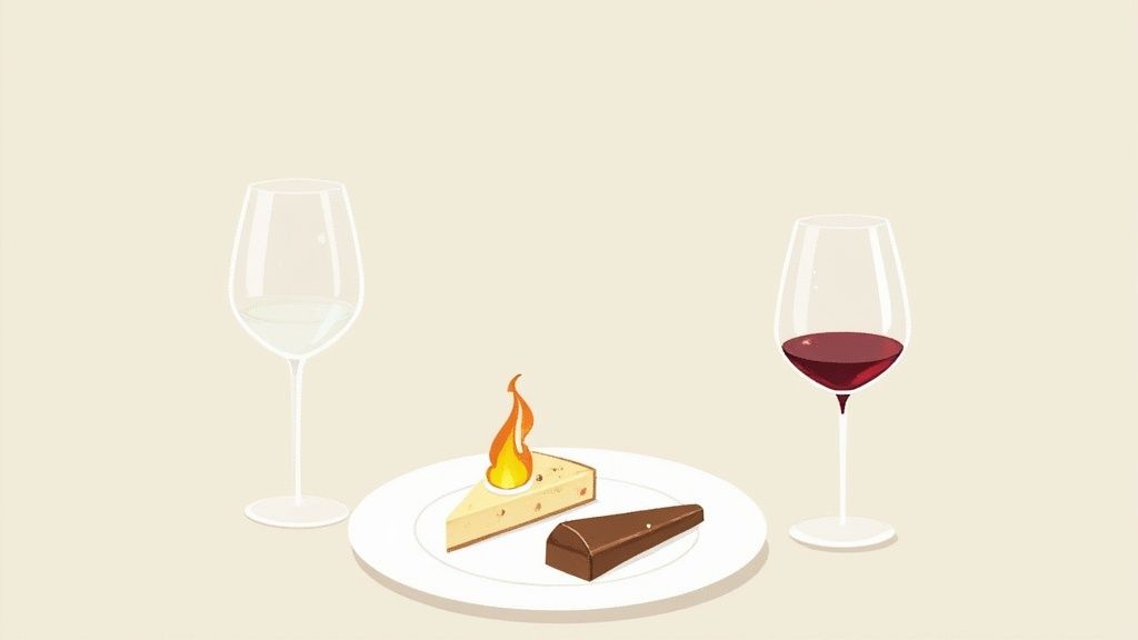 A white wine glass, a red wine glass, and a plate with two desserts, one aflame.