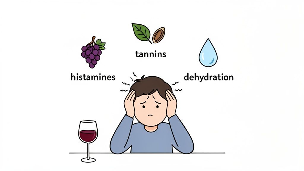 Illustration of a person with a headache next to a glass of red wine, caused by histamines, tannins, and dehydration.