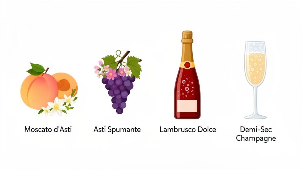 Illustrations of four sweet sparkling wines: Moscato d'Asti, Asti Spumante, Lambrusco Dolce, and Demi-Sec Champagne.