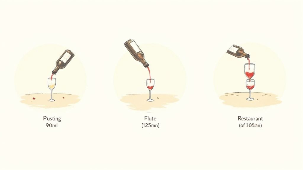 Three illustrations show wine bottles pouring into glasses with different serving volumes: 90ml, 125ml, and 105ml.