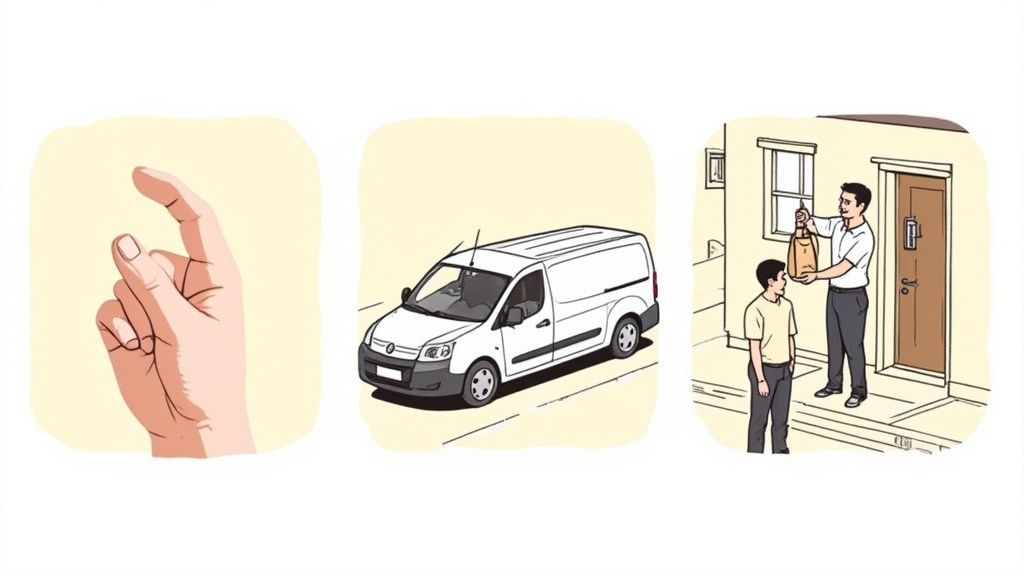 A delivery driver handing a box of wine to a smiling woman at her front door.