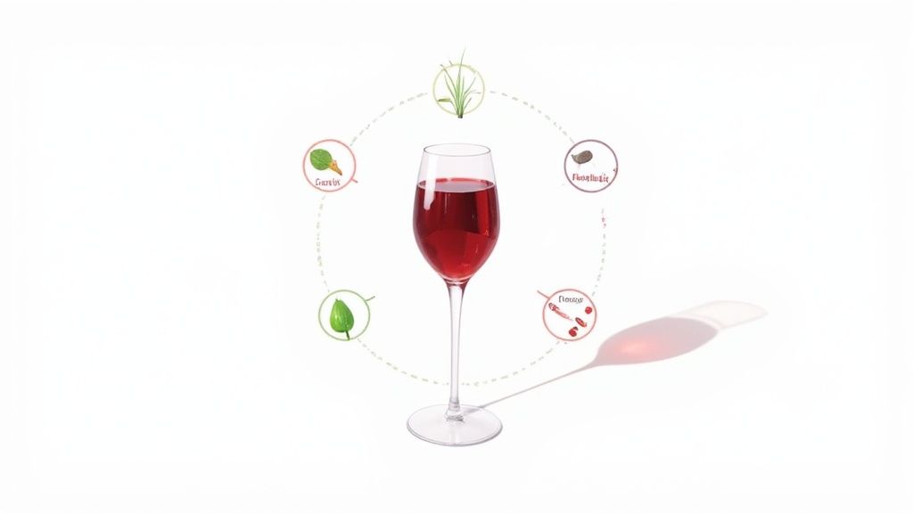 Red wine glass with icons showing components like grapes, proanthocyanins, piceatannol, and other plant elements.