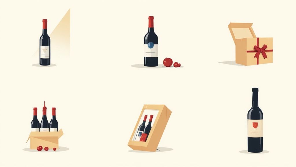 Illustrated collection of wine bottles and gift boxes, perfect for presents or special occasions.