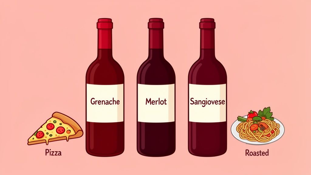 Three red wine bottles: Grenache, Merlot, and Sangiovese, displayed with a slice of pizza and a plate of roasted pasta.