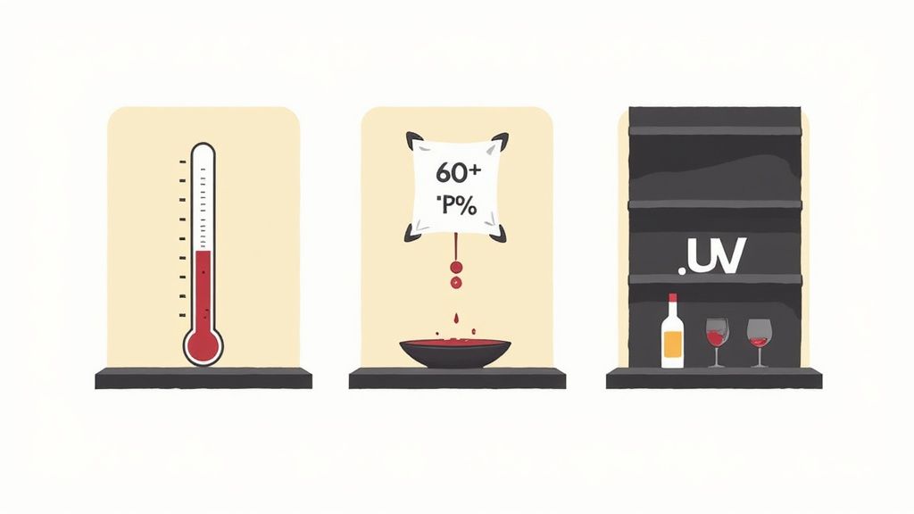 Visual guide showing ideal temperature, humidity, and UV protection for proper wine storage.