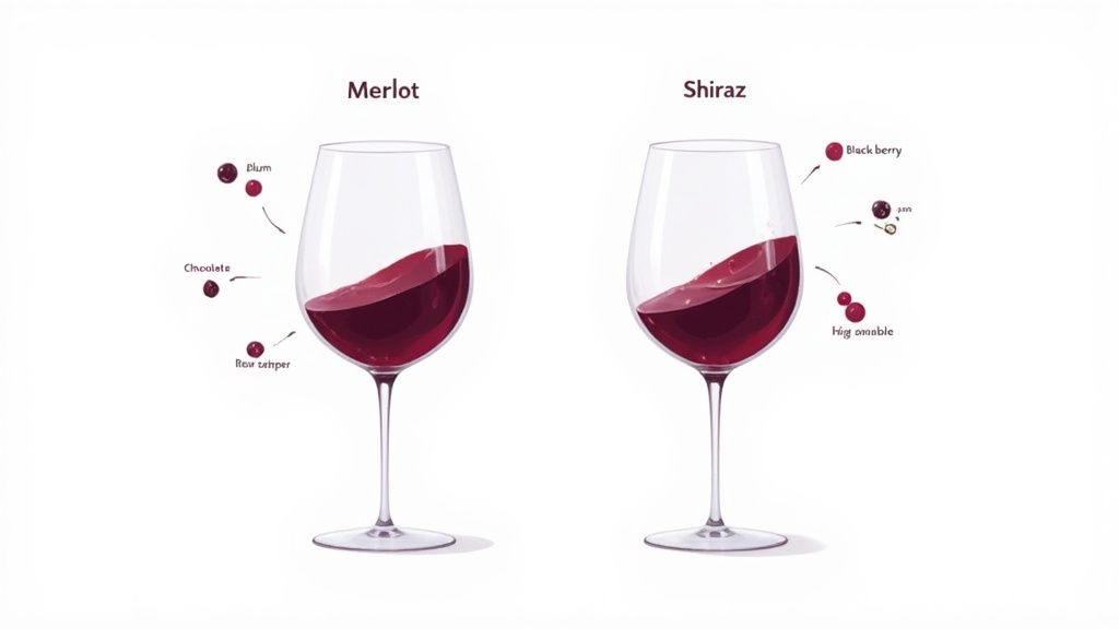 An illustration comparing Merlot and Shiraz wines, highlighting their distinct flavor profiles like plum, chocolate, and blackberry.