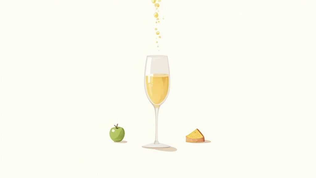 A champagne flute with golden sparkling wine and bubbles, accompanied by a green apple and cheese.