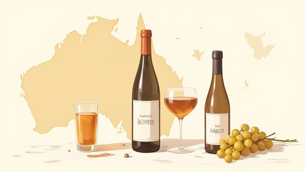 An illustration of Australian dessert wines, with bottles, glasses, and grapes against a map of Australia.