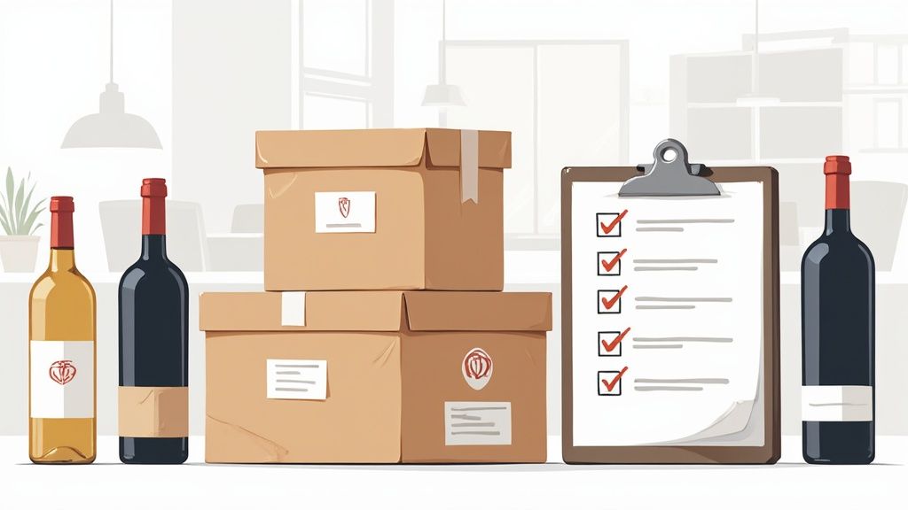 Illustration of wine bottles, stacked cardboard boxes, and a checklist clipboard for delivery or inventory.