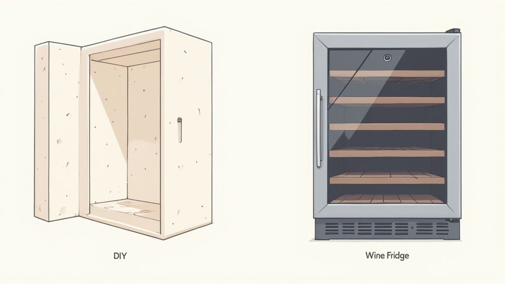 A comparison showing an empty DIY built-in storage unit next to a modern wine fridge with shelves.