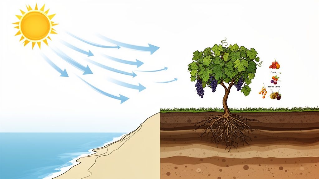 An illustration showing the sun, ocean, beach, a grapevine with roots in layered soil, and various fruits.