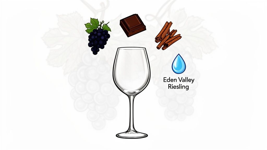 An illustration of a wine glass surrounded by grapes, chocolate, cinnamon, and Eden Valley Riesling text.