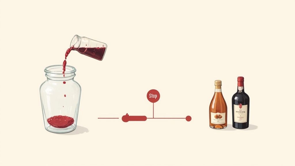 A bottle of port wine next to a glass filled with the dark red liquid.