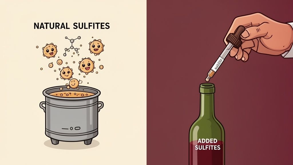 Illustration depicting natural sulfites in a pot and added sulfites being dripped into wine.