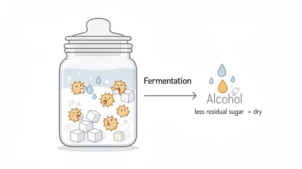 Illustration of microbes fermenting sugar in a jar, producing alcohol, explaining dry wine.