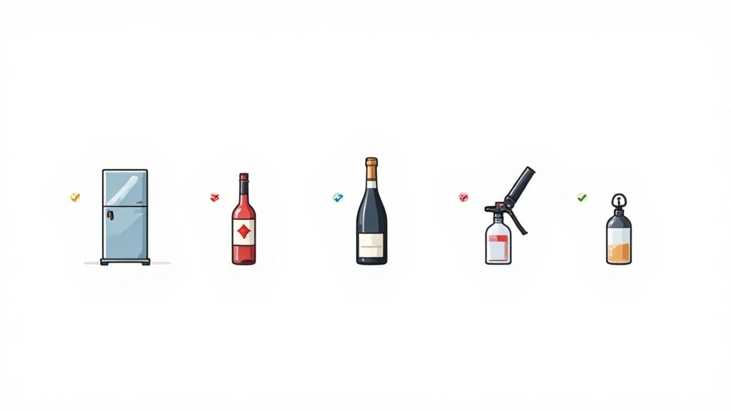 Illustrations of a refrigerator, red wine bottle, dark wine bottle, foam dispenser, and soda siphon.