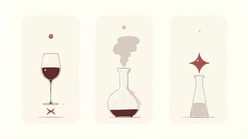A person making a common decanting mistake, such as pouring too quickly and stirring up sediment.