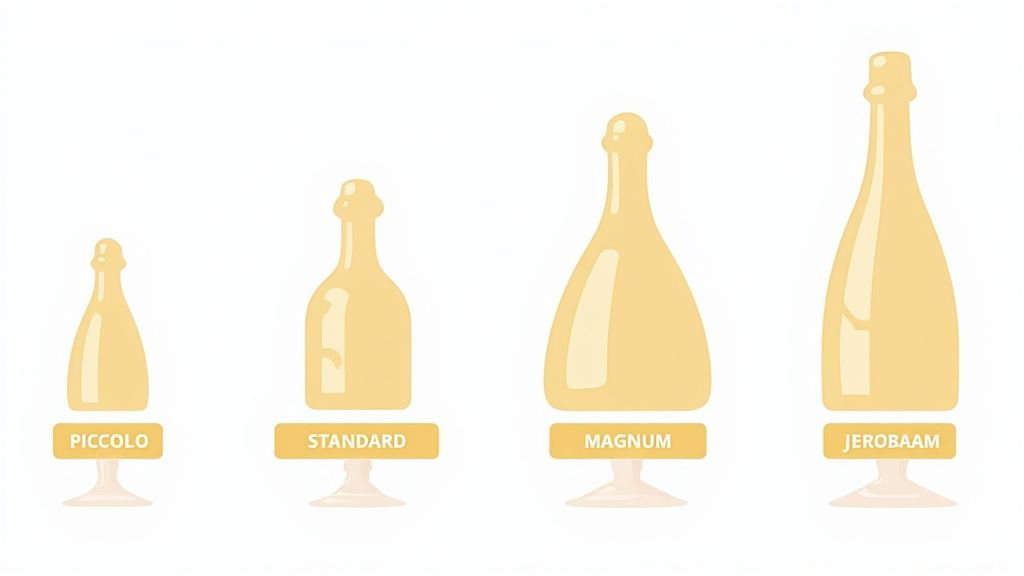 A lineup of different champagne bottle sizes showing their scale.