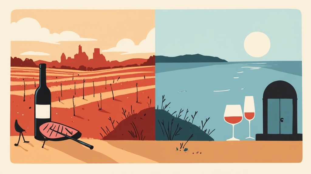 A vibrant illustration of a wine region with a bottle on the left and a serene coastal view with wine glasses on the right.