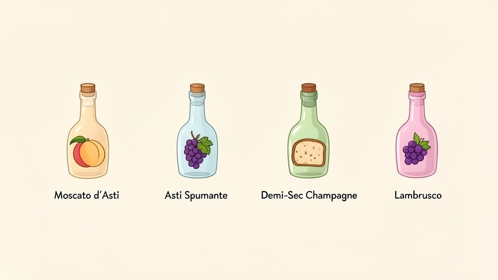 Four illustrated bottles of sparkling sweet wines: Moscato d'Asti, Asti Spumante, Demi-Sec Champagne, and Lambrusco.