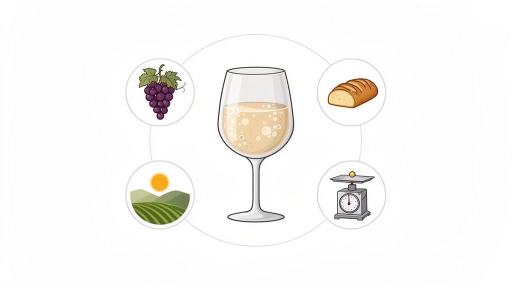 An illustration of a sparkling wine glass surrounded by grapes, bread, a vineyard, and a scale.