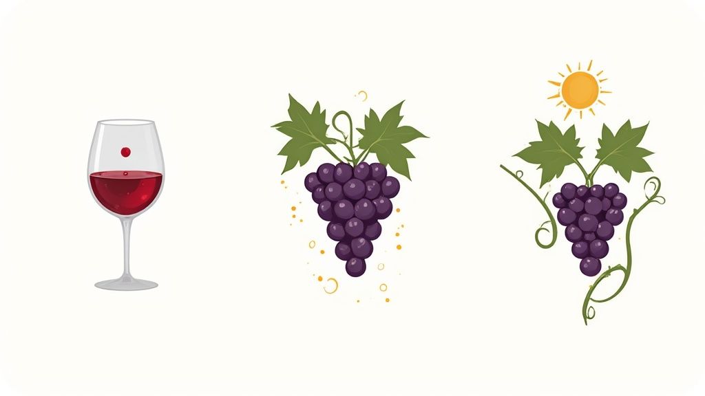 Illustration showing a glass of red wine, a bunch of grapes, and grapes on a vine under the sun.