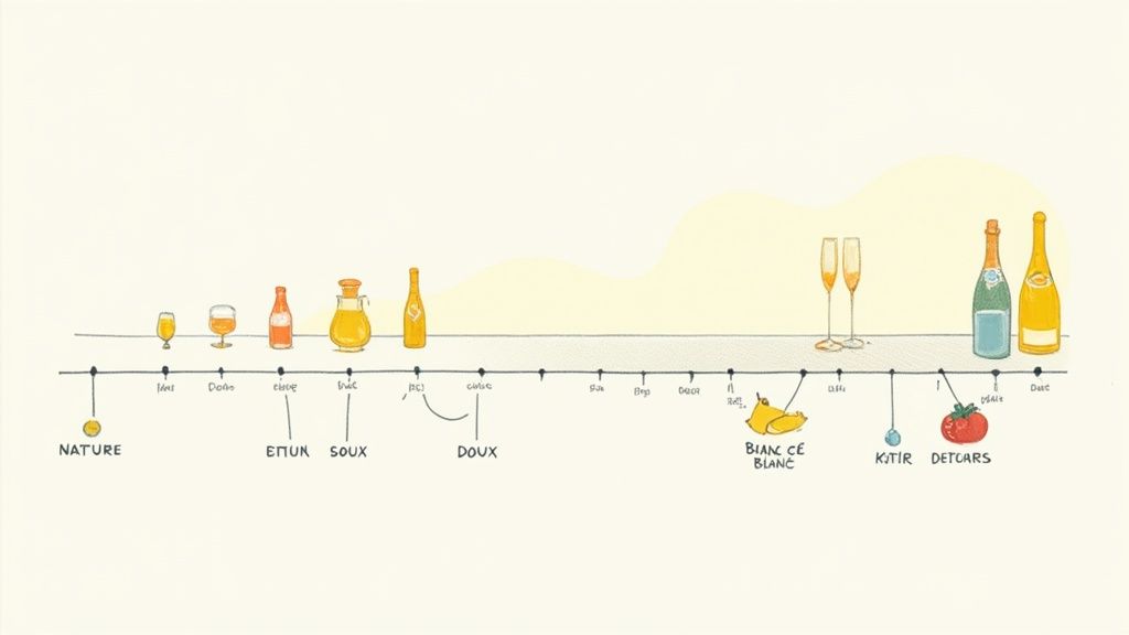 Wine sweetness scale chart showing bottles from dry nature to sweet demi-sec sparkling wines