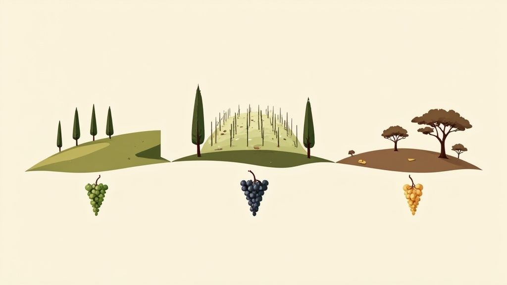 Illustration showing three diverse vineyard landscapes, each yielding different colored grapes.