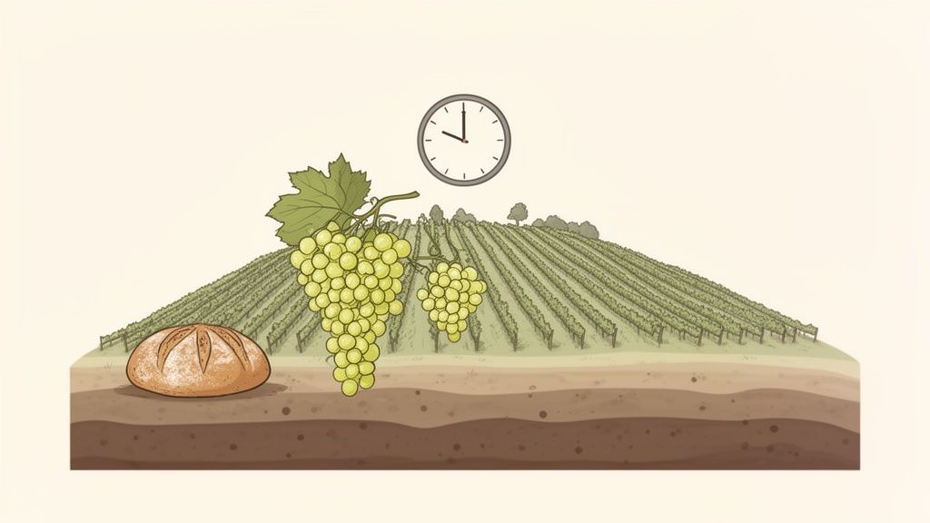 An illustration showing a vineyard, green grapes, a loaf of bread, and a clock.