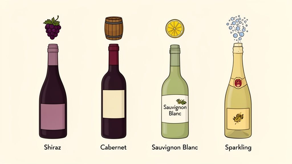 Illustration of four wine types: Shiraz, Cabernet, Sauvignon Blanc, and Sparkling, with their characteristics.