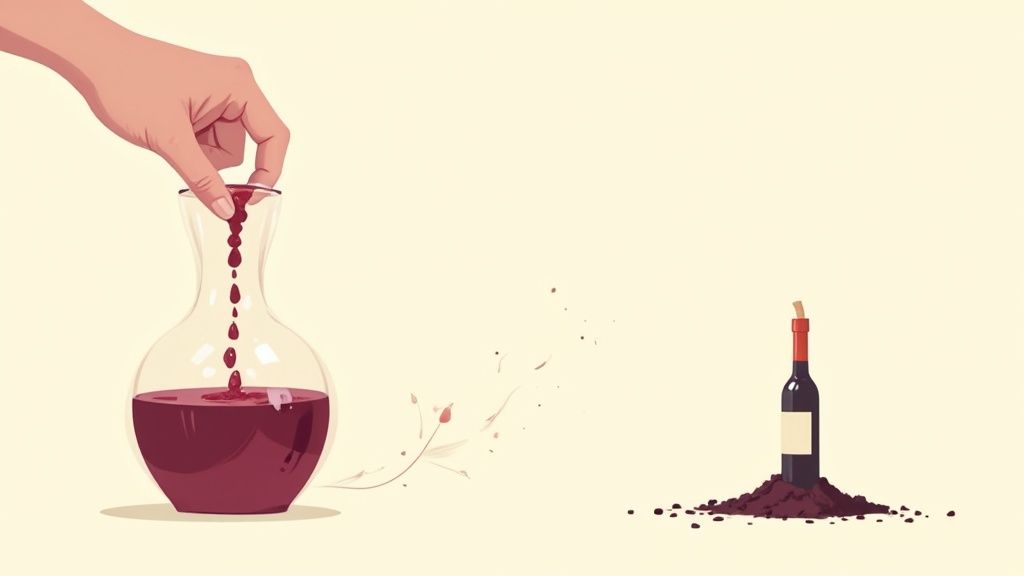 A bottle of red wine being poured into a decanter, with soft lighting highlighting the process.