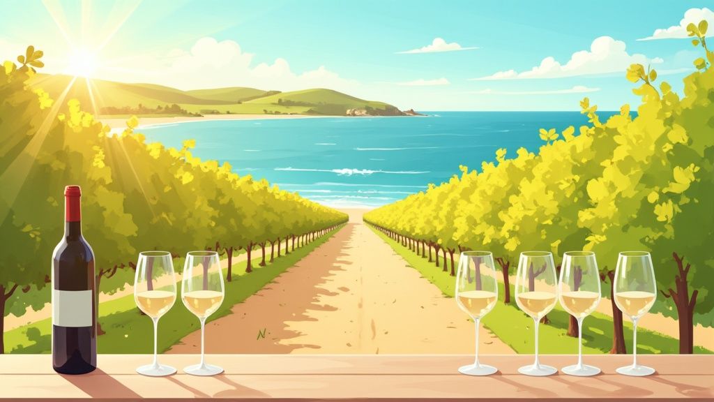 A sun-drenched vineyard in Australia, with rows of grapevines ready for harvest